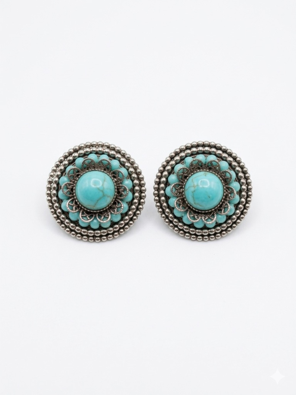 Vintage Faux Turquoise Button Earrings SilverTone Filigree ScrewBack Clip 1950s